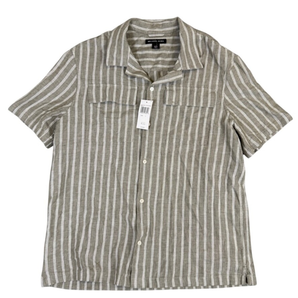 NWT Michael Kors Mens Large Linen Blend Striped Short Sleeve Camp Shirt Olive